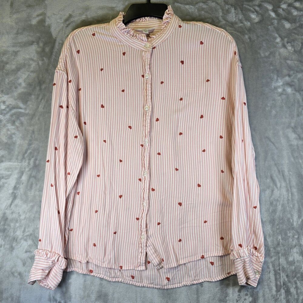 Time and Tru Shirt Womens L Pink White Button Up Ruffle Collar Heart Embroidery